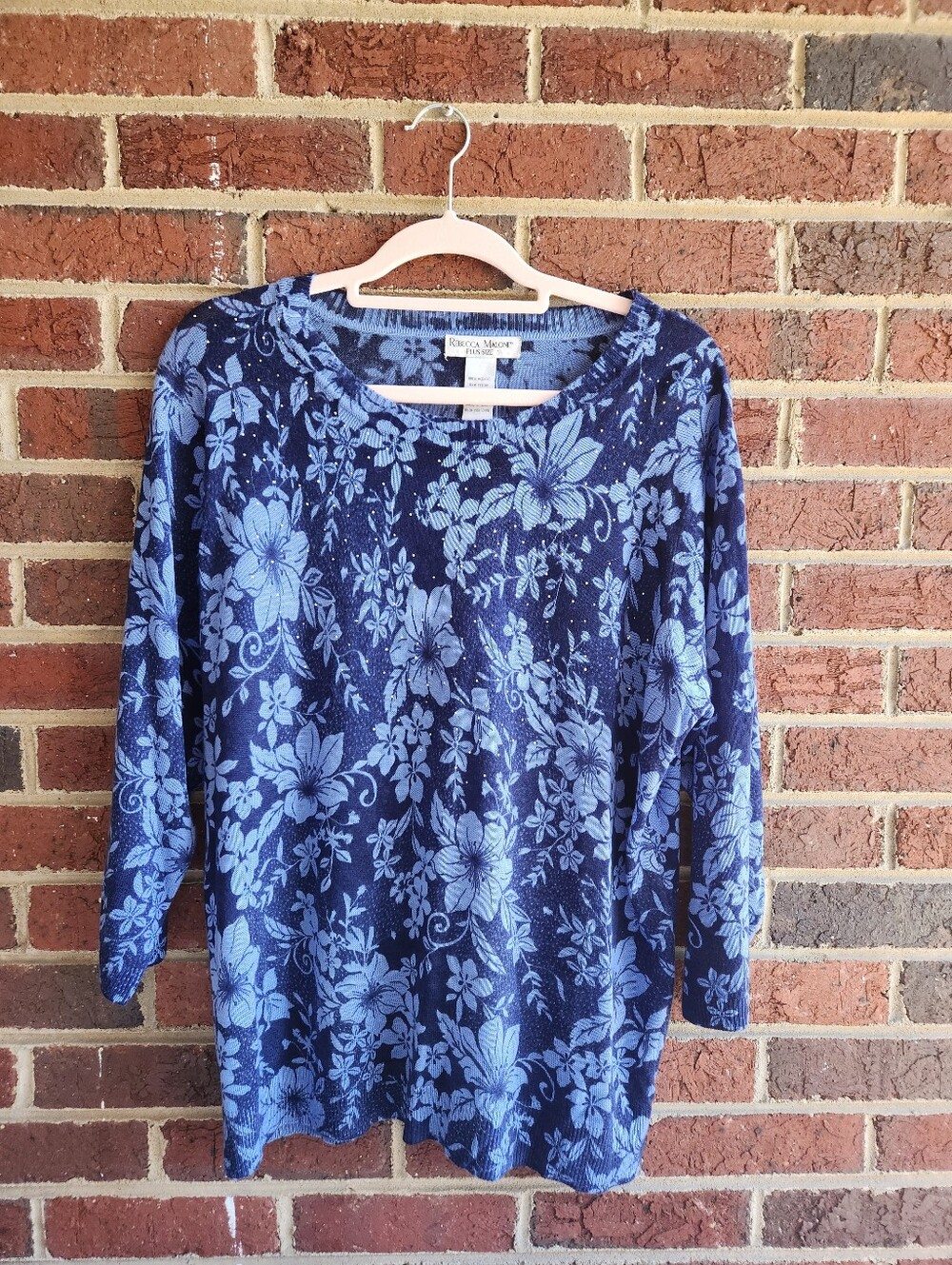 Rebecca Malone Navy and Light Blue Floral Long Sleeve Lightweight Embellished 1X